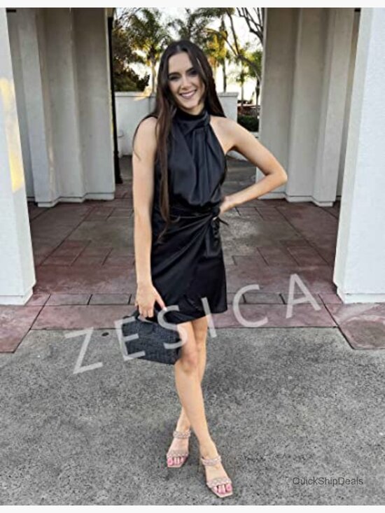 Satin Sleeveless Halter Neck Wrap Bodycon Cocktail Mini Dress - Picture 6 of 7